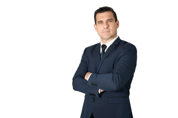 Attractive business man in business suit with crossed arms. Isolated portrait of man with positive attitude on white background