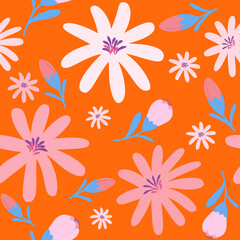 Fototapeta na wymiar vivid seamless pattern with flowers on orange background