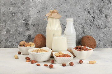 Assorted vegan lactose free milk, coconut, nut, oat, almond, milk replacer, healthy breakfast with ingredients, natural nutrition concept, maintaining a healthy intestinal microflora
