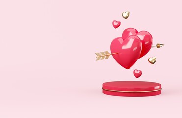 Hearts with cupid arrow and falling little hearts composition. Valentine's Day background. 3d rendering illustration.