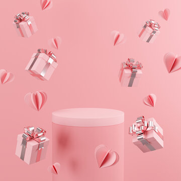 Podium with falling gift boxes and paper hearts. Valentine's Day Holiday background. 3d rendering illustration.