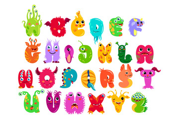 Cute monster alphabet for kids, nursery, poster, card, birthday party, Halloween party, packaging paper design, baby t-shirts. Doodle font. Vector. © Anna