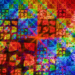 Composición de arte digital abstracto consistente en líneas y trazos irregulares de color negro entrelazados rellenos formando un una especie de enrejado fractal de colores vivos.