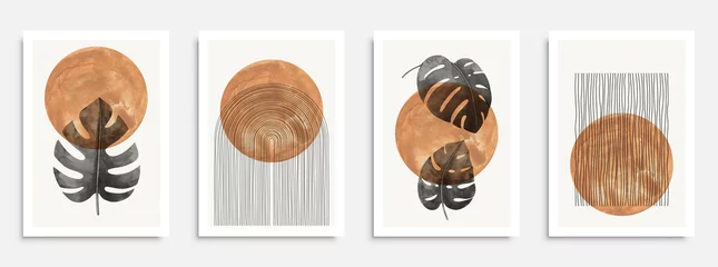 Fotobehang Abstract geometric, natural shapes poster set in mid century style. Modern illustration: tropical palm leaf, geo elements for minimalist print, poster, boho wall decor, flat design Vector minimal art © Tymofii