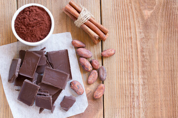 Ingredients for making chocolate chip cookies on a wooden background