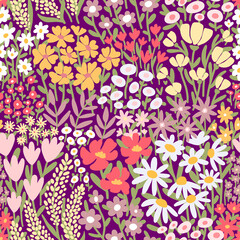 Ditsy floral seamless pattern. Many various Summer Flowers on purple background. Full Meadow Wildflower texture. Liberty style motif for fashion print, textile, fabric, cover, wrap, gift paper