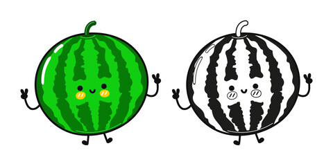 Funny cute happy watermelon characters bundle set. Vector kawaii line cartoon style illustration. Cute watermelon mascot character collection, outline cartoon illustration for coloring book