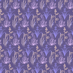 Nature style hand drawn floral graphic seamless pattern with wild meadow flowers