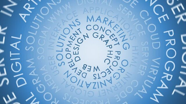 Modern circle digital technology innovation rotating word cloud on bright blue background. Seamless loop animation.