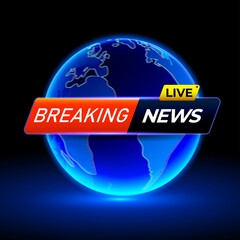 Breaking news headline on holographic globe. TV channel show broadcast art design. Business, technology background. Vector template.