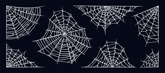 Spiderwebs set isolated on black background. Spooky Halloween cobwebs for frames and banners. Handrawn vector illustration