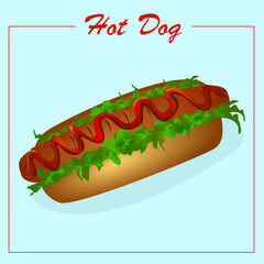 Hot dog with sausage, ketchup, and sesame seed bun. American delicious hot dog. For poster, advertisement, menu, restaurant. 