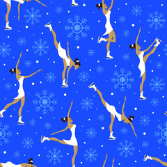 Beautiful girl with ice figure skate shoes and snowflakes seamless pattern. Vector illustration.