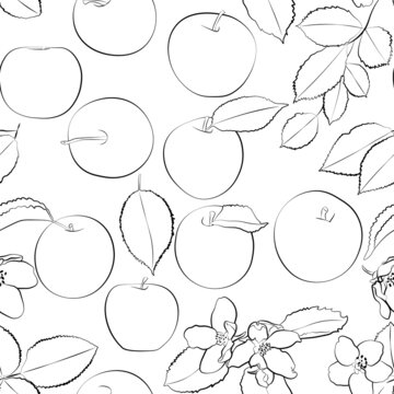 Seamless patterns of apples, leaves, fruits and flowers, vector graphics. 1000x1000
