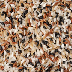 Closeup, top view of assorted raw rice. Food backdrop