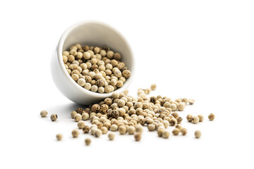 Whole pepper spice. White peppercorn grain in bowl.