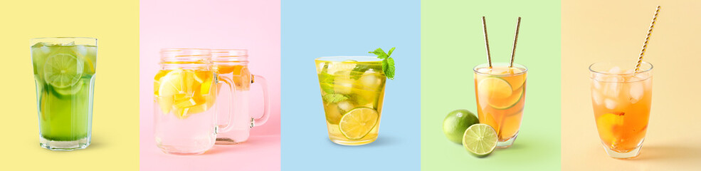 Assortment of fresh lemonade on color background