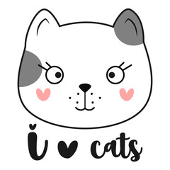 Cute doodle cat with hearts. I love cats quote. Vector illustration.