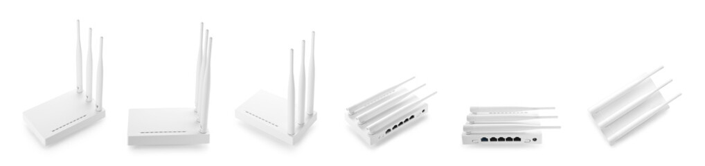 Modern wi-fi router on white background