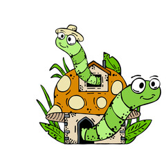 Mushroom house with funny caterpillar. Fairy tale children drawing.