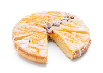 Tasty citrus cake with oranges on white background