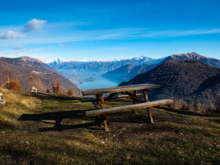 Picnic table in the alps of Lake Como