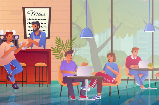 Cafe modern interior with visitors concept in flat cartoon design. Men and women sitting at table in cafeteria. Barista making coffee to customer. Illustration with people scene background