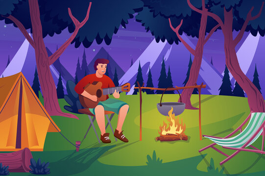 Summer camping concept in flat cartoon design. Man tourist plays guitar while sitting by campfire, outdoors resting in mountain forest with tent. Illustration with people scene background