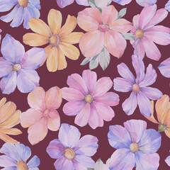 Floral abstract pattern. Seamless botanical ornament, watercolor painting digitally processed. Delicate flowers for design, packaging and wallpaper. Drawn flowers on an abstract background.