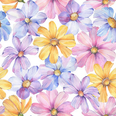 Fototapeta na wymiar Floral abstract pattern. Seamless botanical ornament, watercolor painting digitally processed. Delicate flowers for design, packaging and wallpaper. Drawn flowers on an abstract background.
