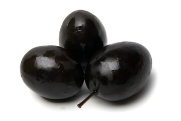 Black olives isolated on white background. Group of black olives with pit. Clipping Path.