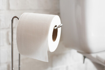 Closeup view of holder with toilet paper roll in restroom
