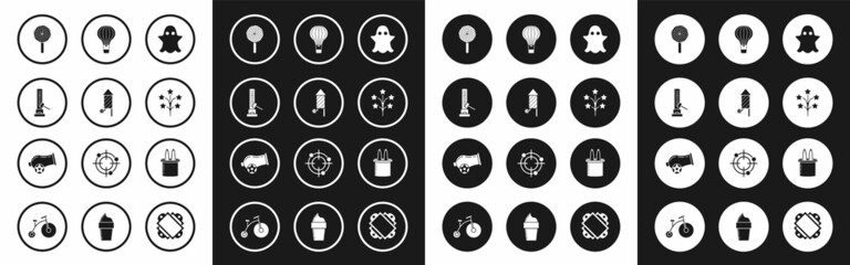 Fototapeta premium Set Ghost, Firework rocket, High striker attraction with big hammer, Lollipop, Fireworks, Hot air balloon, Magician hat and rabbit ears and Cannon icon. Vector