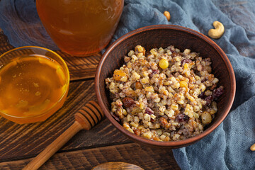 Bowl with Ukrainian tradition Christmas sweet food. Kutia is a traditional Slavic holiday dish