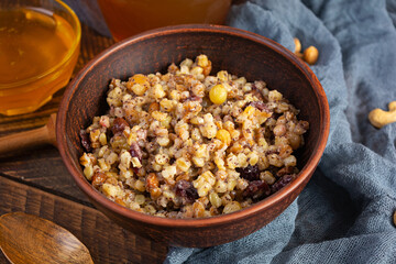 Bowl with Ukrainian tradition Christmas sweet food. Kutia is a traditional Slavic holiday dish