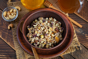 Bowl with Ukrainian tradition Christmas sweet food. Kutia is a traditional Slavic holiday dish