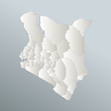 Kenya map, administrative division, blue white card paper 3D, blank