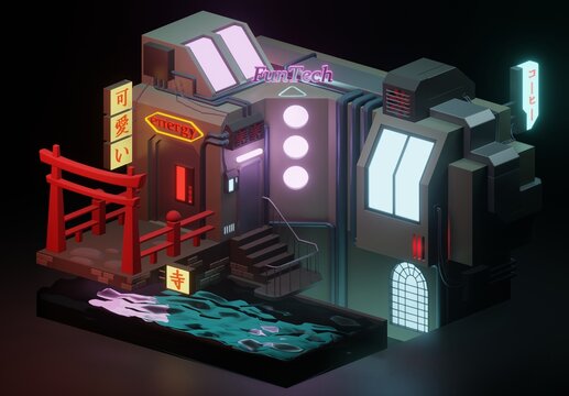 Isometric Cyberpunk Building, 3D rendering, 3D illustration
(Translation 可愛い = Cute。寺 = Shrine, コ―ヒ― = Coffee)