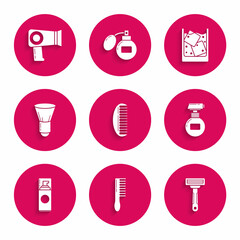 Set Hairbrush, Shaving razor, Cream lotion cosmetic tube, gel foam, Glass of whiskey and ice cubes and dryer icon. Vector