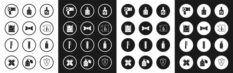 Set Aftershave, Bow tie, Glass of whiskey and ice cubes, Hair dryer, Barbershop with razor, Cream lotion cosmetic tube and Hairbrush icon. Vector