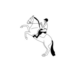 Rider and the horse perform a trick, the horse stands on its hind legs,black and white line art