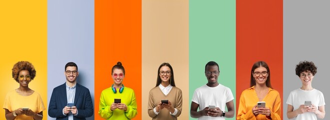 Group portrait of smiling multiethnic young people holding phones, isolated on multicolored...