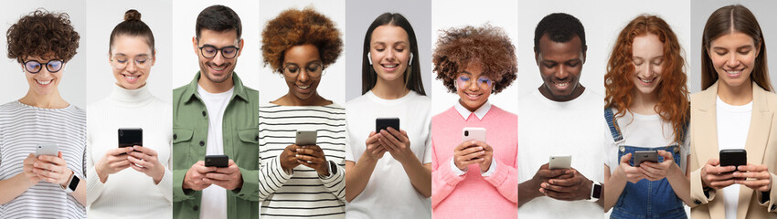 Group of smiling diverse people texting with phone