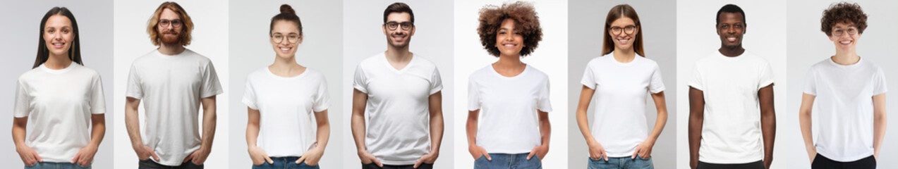 White t-shirt people collage of many men and women wearing blank tshirts with copy space - obrazy, fototapety, plakaty