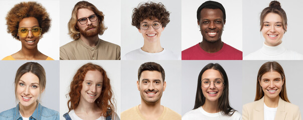 Collage of portraits of multiracial group of various smiling people
