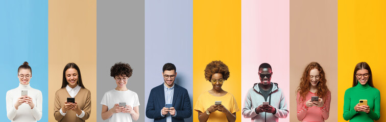 Group of smiling diverse people texting with phones, isolated on multicolored background - obrazy, fototapety, plakaty