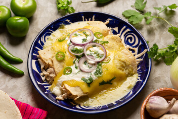 Mexican green enchiladas with chicken and melted cheese