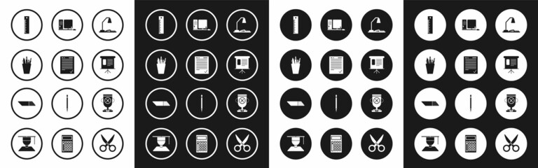 Set Workplace with table lamp and open book, schedule, chart, diagram, infographic, pie graph, Computer monitor keyboard mouse, Award cup and Eraser rubber icon. Vector