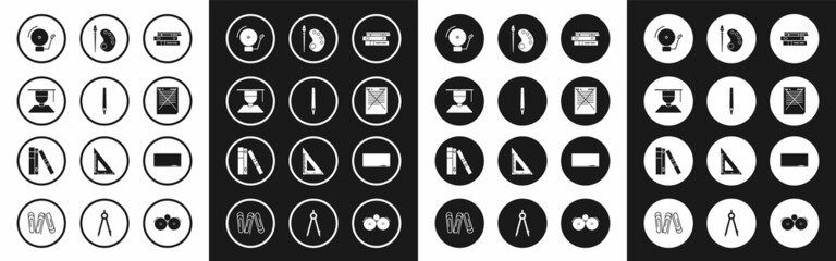 Set Office folders with papers and documents, Pen, Graduate graduation cap, Ringing alarm bell, Exam incorrect answers survey, Paint brush palette, Chalkboard and icon. Vector