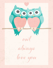 A pair of loving owls, in a cut paper style with textures
